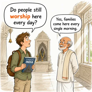 worship (ibadet etmek, tapmak) karikatürü — diyalogla bağlam içinde öğren