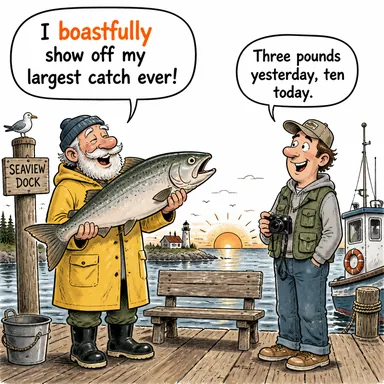 boastfully (böbürlenerek) karikatürü — diyalogla bağlam içinde öğren