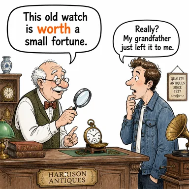 worth (değer, kıymet; -e değer) karikatürü — diyalogla bağlam içinde öğren