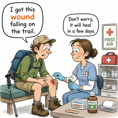 wound (yara, yaralamak) karikatürü — diyalogla bağlam içinde öğren