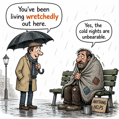 wretchedly (perişan bir halde, berbat bir şekilde) karikatürü — diyalogla bağlam içinde öğren