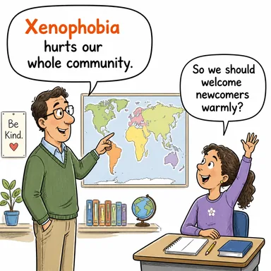 xenophobia (yabancı düşmanlığı) karikatürü — diyalogla bağlam içinde öğren