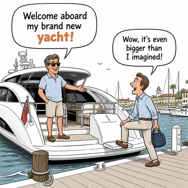 yacht (yat, lüks tekne) karikatürü — diyalogla bağlam içinde öğren