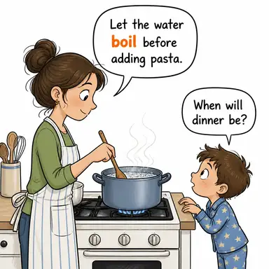 boil (kaynamak; (öfke) köpürmek) karikatürü — diyalogla bağlam içinde öğren