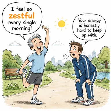 zestful (zevkle dolu, enerjik, hevesli) karikatürü — diyalogla bağlam içinde öğren