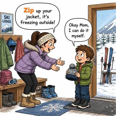 zip (fermuar, posta kodu, sıkıştırmak (dosya)) karikatürü — diyalogla bağlam içinde öğren