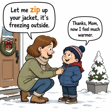 zip (fermuarı çekmek/kapamak, hızlıca gitmek) karikatürü — diyalogla bağlam içinde öğren