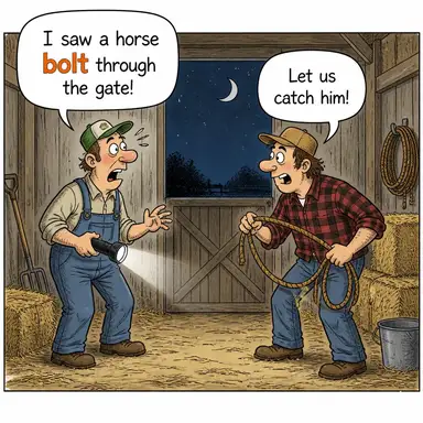 bolt (sürgülemek; fırlayıp kaçmak; (isim) sürgü, cıvata) karikatürü — diyalogla bağlam içinde öğren