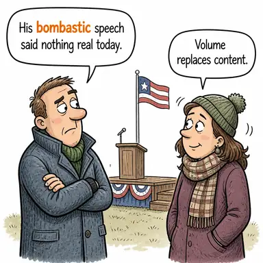 bombastic (gösterişli (söz/yazı), abartılı, süslü ama boş) karikatürü — diyalogla bağlam içinde öğren