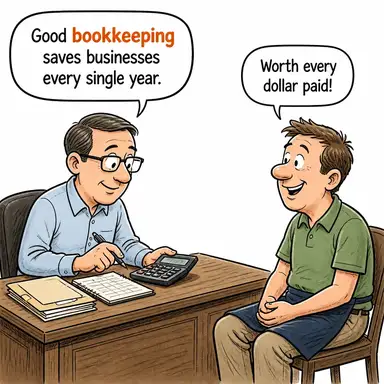 bookkeeping (defter tutma, ön muhasebe) karikatürü — diyalogla bağlam içinde öğren