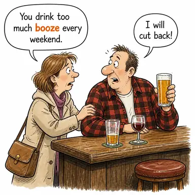 booze (alkollü içki (argo)) karikatürü — diyalogla bağlam içinde öğren
