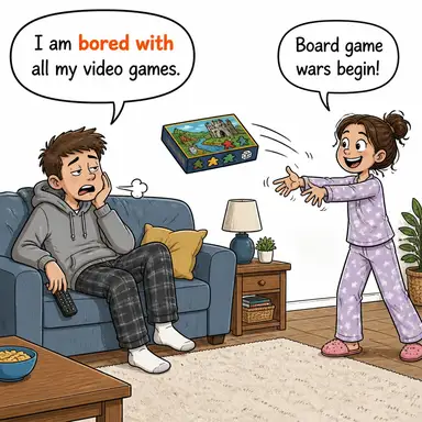 bored with (...den sıkılmış, bıkmış) karikatürü — diyalogla bağlam içinde öğren