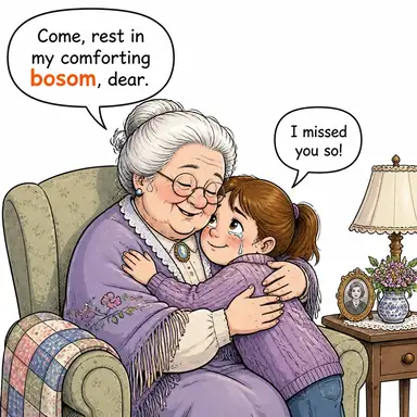 bosom (bağır, göğüs; (mecazi) kucak) karikatürü — diyalogla bağlam içinde öğren