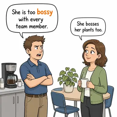 bossy (otoriter, emretmeyi seven, patronluk taslayan) karikatürü — diyalogla bağlam içinde öğren