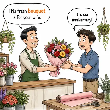 bouquet (buket, çiçek demeti; (şarap) koku/aroma) karikatürü — diyalogla bağlam içinde öğren