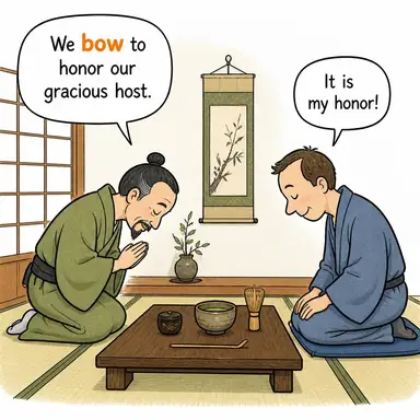 bow (eğilmek, selamlamak; boyun eğmek) karikatürü — diyalogla bağlam içinde öğren