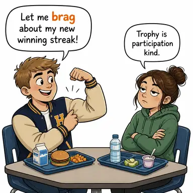 brag (övünmek, hava atmak) karikatürü — diyalogla bağlam içinde öğren