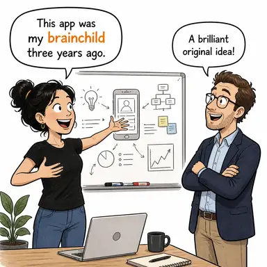 brainchild (fikir ürünü, özgün buluş/fikir) karikatürü — diyalogla bağlam içinde öğren