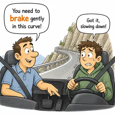 brake (fren yapmak, yavaşlamak) karikatürü — diyalogla bağlam içinde öğren