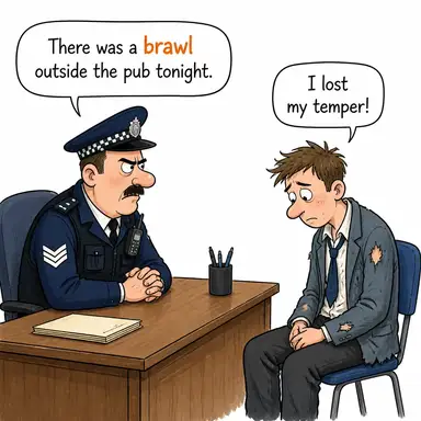 brawl (arbede, sokak kavgası) karikatürü — diyalogla bağlam içinde öğren