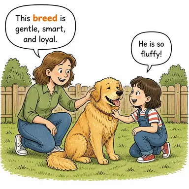 breed (tür, cins; (fiil) yetiştirmek, üremek) karikatürü — diyalogla bağlam içinde öğren