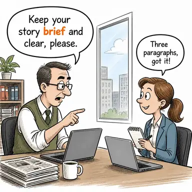 brief (kısa, öz; (fiil) bilgilendirmek) karikatürü — diyalogla bağlam içinde öğren