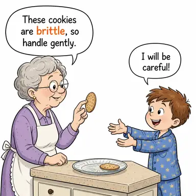brittle (kırılgan, hassas, kolay kırılan) karikatürü — diyalogla bağlam içinde öğren