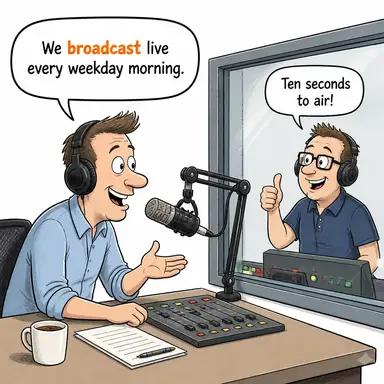 broadcast (yayın yapmak (radyo/TV); (isim) yayın) karikatürü — diyalogla bağlam içinde öğren