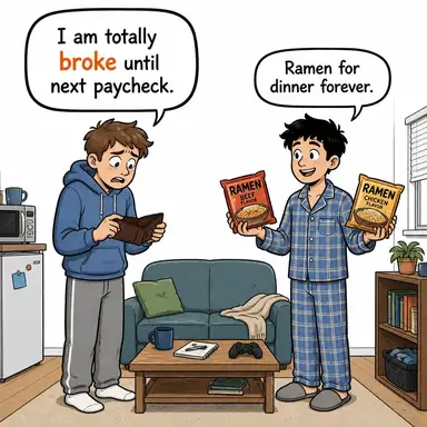 broke (beş parasız, iflas etmiş (argo/konuşma dili)) karikatürü — diyalogla bağlam içinde öğren