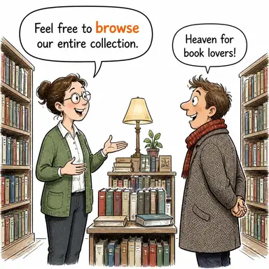 browse (göz atmak, incelemek, (hayvan) otlamak) karikatürü — diyalogla bağlam içinde öğren