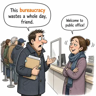 bureaucracy (bürokrasi, kırtasiyecilik) karikatürü — diyalogla bağlam içinde öğren