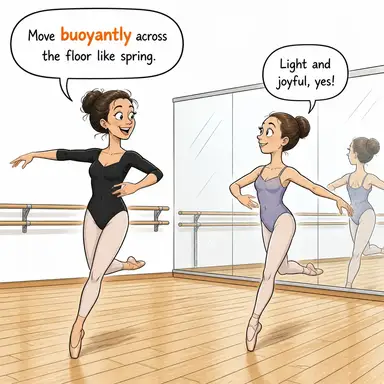 buoyantly (neşeyle, canlı bir şekilde) karikatürü — diyalogla bağlam içinde öğren
