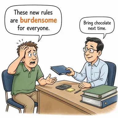 burdensome (ağır, yorucu, külfetli) karikatürü — diyalogla bağlam içinde öğren