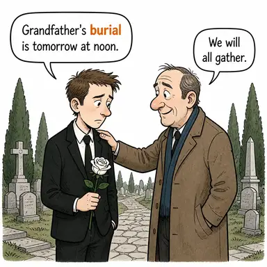 burial (gömme, defin) karikatürü — diyalogla bağlam içinde öğren