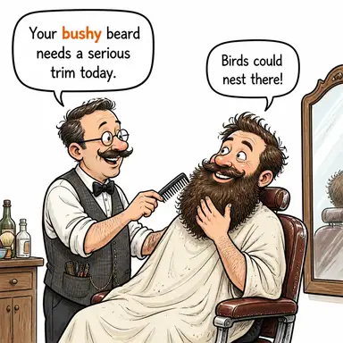 bushy (gür, sık (saç/kıl/bitki)) karikatürü — diyalogla bağlam içinde öğren