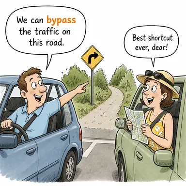 bypass (es geçmek, atlamak, etrafından dolaşmak) karikatürü — diyalogla bağlam içinde öğren