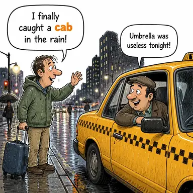 cab (taksi, sürücü kabini) karikatürü — diyalogla bağlam içinde öğren