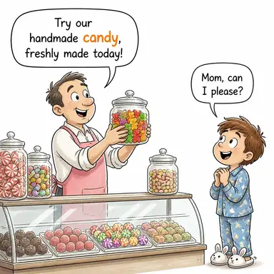 candy (şekerleme) karikatürü — diyalogla bağlam içinde öğren