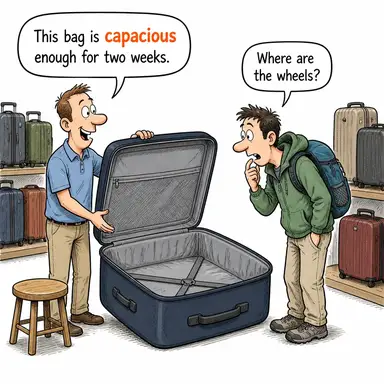 capacious (geniş, ferah, çok yer alan) karikatürü — diyalogla bağlam içinde öğren