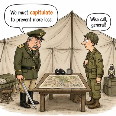 capitulate (teslim olmak, boyun eğmek (şartlı)) karikatürü — diyalogla bağlam içinde öğren