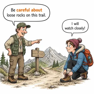 careful about (... konusunda dikkatli/titiz) karikatürü — diyalogla bağlam içinde öğren