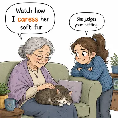 caress (okşamak, şefkat göstermek) karikatürü — diyalogla bağlam içinde öğren