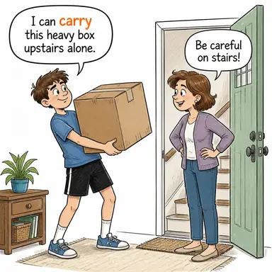 carry (taşımak, götürmek, sürdürmek) karikatürü — diyalogla bağlam içinde öğren