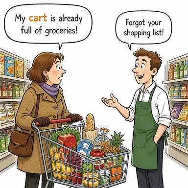 cart (el arabası, at arabası, sepet (sanal)) karikatürü — diyalogla bağlam içinde öğren