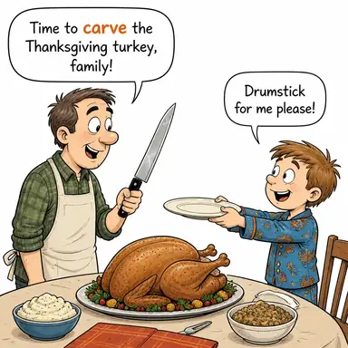carve (oymak, (et) kesmek, şekillendirmek) karikatürü — diyalogla bağlam içinde öğren