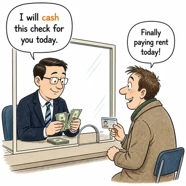 cash (bozdurmak (çek), paraya çevirmek) karikatürü — diyalogla bağlam içinde öğren
