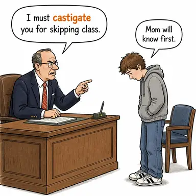 castigate (cezalandırmak, şiddetle kınamak, azarlamak) karikatürü — diyalogla bağlam içinde öğren
