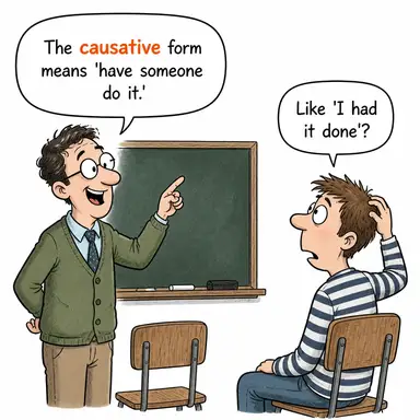 causative (neden olan, sebep teşkil eden, ettirgen) karikatürü — diyalogla bağlam içinde öğren