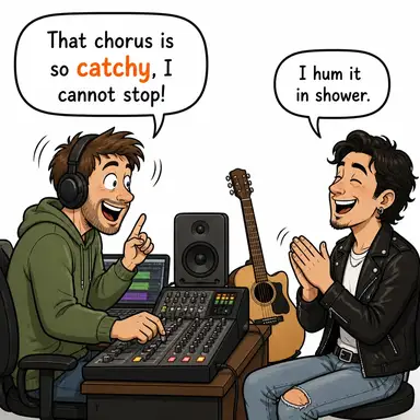 catchy (akılda kalıcı, cazip, ilgi çekici) karikatürü — diyalogla bağlam içinde öğren