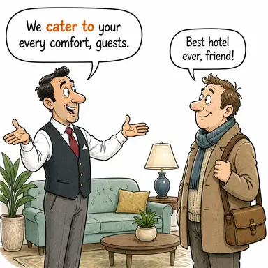 cater to (hitap etmek, ihtiyacını karşılamak, hizmet sunmak) karikatürü — diyalogla bağlam içinde öğren